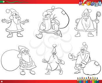 Coloring Book Cartoon Illustration of Black and White Set with Santa Claus Characters on Christmas