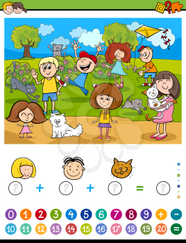 Cartoon Illustration of Educational Mathematical Counting and Addition Activity Task for Children with Kids and Cats