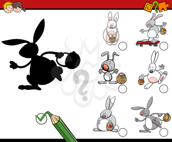 Cartoon Illustration of Educational Shadow Activity Task for Children with Easter Bunny Characters
