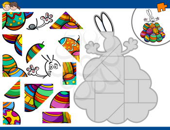 Cartoon Illustration of Educational Jigsaw Puzzle Activity Game for Children with Easter Bunny