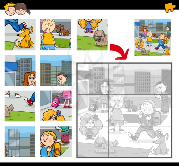 Cartoon Illustration of Education Jigsaw Puzzle Activity for Preschool Children with Kids and Dogs in the City