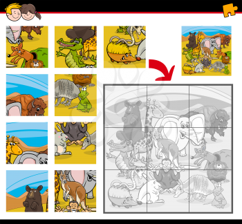 Cartoon Illustration of Education Jigsaw Puzzle Activity for Preschool Children with Wild Animal Characters