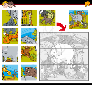 Cartoon Illustration of Education Jigsaw Puzzle Activity for Children with Wild Animal Characters