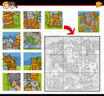 Cartoon Illustration of Education Jigsaw Puzzle Activity Task for Children with Cats Animal Characters