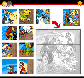 Cartoon Illustration of Education Jigsaw Puzzle Activity Game for Children with Bird  Animal Characters