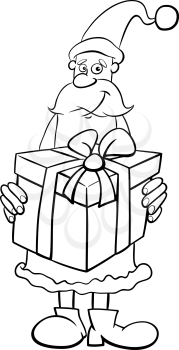 Black and White Cartoon Illustration of Santa Claus with Big Christmas Present Coloring Book