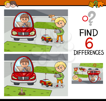 Cartoon Illustration of Finding Differences Educational Activity Game for Kids with Boy Characters