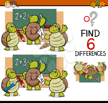 Cartoon Illustration of Finding Differences Educational Activity Game for Children with Turtle Pupil Characters