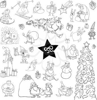 Black and White Cartoon Illustration of Christmas Themes and Design Elements Set
