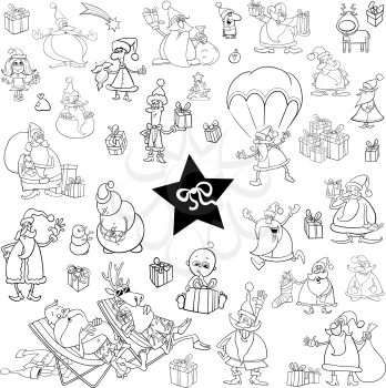 Black and White Cartoon Illustration of Christmas Characters and Design Elements Set