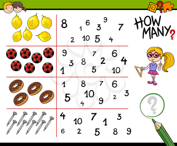 Cartoon Illustration of Educational Counting Activity Task for Preschool Children with Objects
