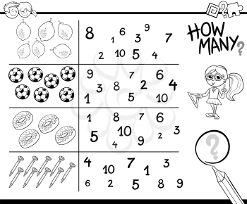 Black and White Cartoon Illustration of Educational Counting Activity Task for Preschool Children with Objects Coloring Page