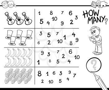 Black and White Cartoon Illustration of Educational Counting Activity for Children Coloring Page