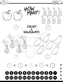 Black and White Cartoon Illustration of Educational Mathematical Counting and Addition Activity for Children Coloring Page