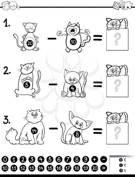 Black and White Cartoon Illustration of Educational Mathematical Subtraction Activity Task for Children with Cat Characters Characters Coloring Book