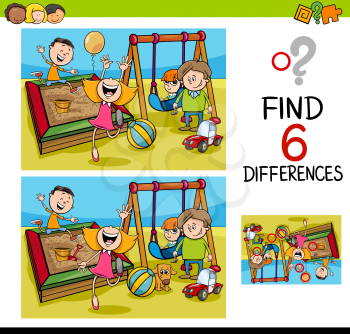 Cartoon Illustration of Finding the Difference Educational Activity for Children with Kids on Playground