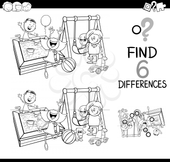 Black and White Cartoon Illustration of Finding the Difference Educational Activity for Children with Kids on Playground Coloring Book