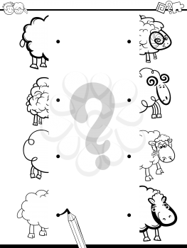 Black and White Cartoon Illustration of Educational Activity of Matching Halves with Sheep Farm Animal Characters Coloring Book
