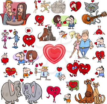Cartoon Illustration of Valentines Day Characters and Design Elements Set