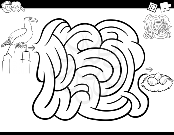 Black and White Cartoon Illustration of Education Maze or Labyrinth Activity Game for Children with Eagle and his Nest Coloring Page