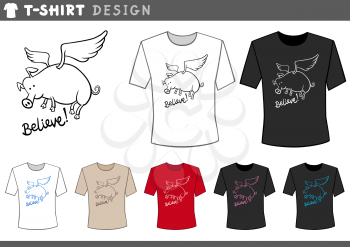 Illustration of T-Shirt Design Template with Flying Pig and Believe Caption