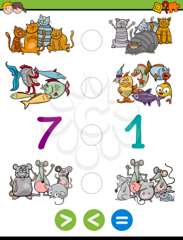 Cartoon Illustration of Educational Mathematical Activity Game of Greater Than, Less Than or Equal to for Children with Animal Characters
