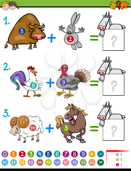Cartoon Illustration of Educational Mathematical Addition Activity for Children with Farm Animal Characters