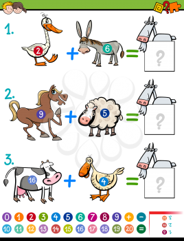 Cartoon Illustration of Educational Mathematical Addition Activity for Children with Farm Animal Characters