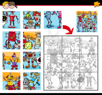 Cartoon Illustration of Education Jigsaw Puzzle Activity for Children with Robot Fantasy Characters