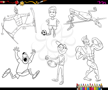 Black and White Coloring Book Cartoon Illustration of Sportsman Characters and Sports Discipline