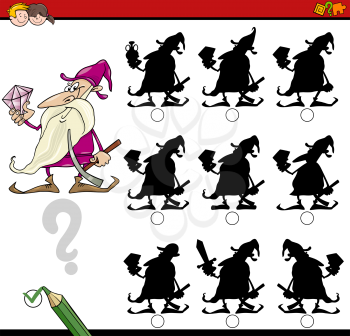 Cartoon Illustration of Find the Shadow without Differences Educational Activity for Children with Dwarf Fantasy Character