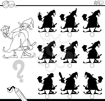 Black and White Cartoon Illustration of Find the Shadow without Differences Educational Activity for Children with Dwarf Fantasy Character Coloring Page
