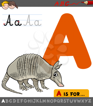 Educational Cartoon Illustration of Letter A from Alphabet with Armadillo Animal Character for Children 