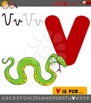 Educational Cartoon Illustration of Letter V from Alphabet with Viper Animal Character for Children 
