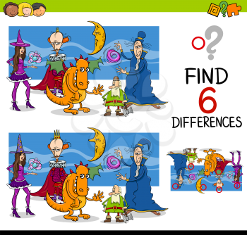 Cartoon Illustration of Finding the Differences Educational Game for Children with Fantasy Characters