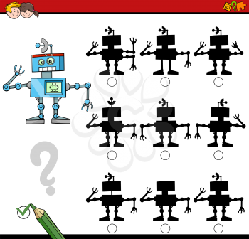 Cartoon Illustration of Find the Shadow without Differences Educational Activity for Children with Robot Character
