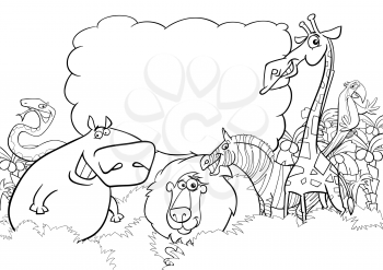 Black and White Cartoon Illustration of Wild Animal Characters with Blank Cloud Coloring Page