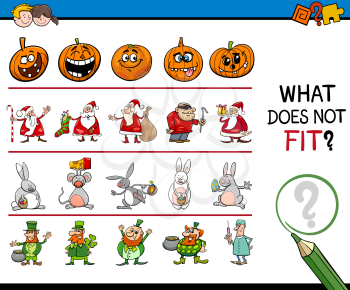 Cartoon Illustration of Finding Wrong Picture in the Row Educational Activity for Kids with Holiday Characters