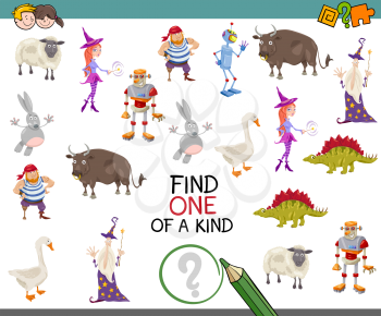 Cartoon Illustration of Educational Activity of Find One of a Kind Game for Preschool Children
