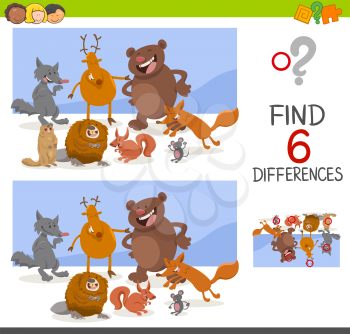 Cartoon Illustration of Finding the Differences Educational Game for Children with Wild Animal Characters