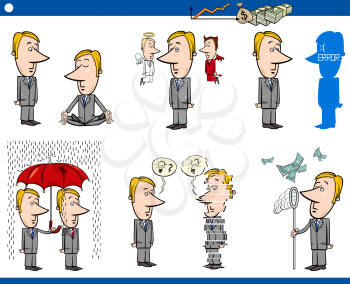 Concept Cartoon Illustration Set of Business Metaphors with Funny Businessman Characters