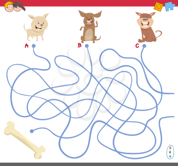 Cartoon Illustration of Paths or Maze Puzzle Activity Game with Puppy Characters and Dog Bone