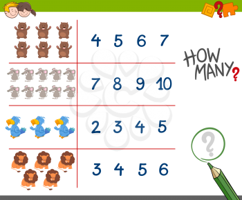 Cartoon Illustration of Educational Counting Game for Children with Cute Animals
