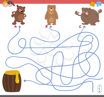 Cartoon Illustration of Paths or Maze Puzzle Activity Game with Bear Animal Characters and Honey