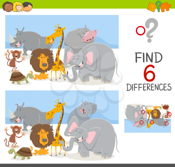 Cartoon Illustration of Spot the Differences Educational Game for Children with Safari Animal Characters