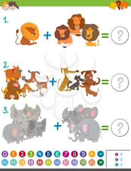 Cartoon Illustration of Educational Mathematical Addition Activity Game for Kids with Wild Animal and Pet Characters