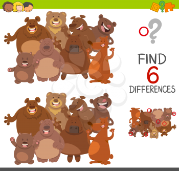 Cartoon Illustration of Spot the Differences Educational Game for Children with Bears Animal Characters Group