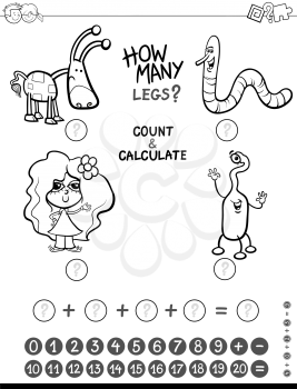 Black and White Cartoon Illustration of Educational Mathematical Counting and Addition Activity for Children with Funny Characters Coloring Page