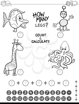 Black and White Cartoon Illustration of Educational Mathematical Counting and Addition Game for Preschool Kids with Funny Characters Coloring Page