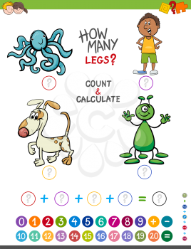 Cartoon Illustration of Educational Mathematical Counting and Addition Game for Kids with Comic Characters